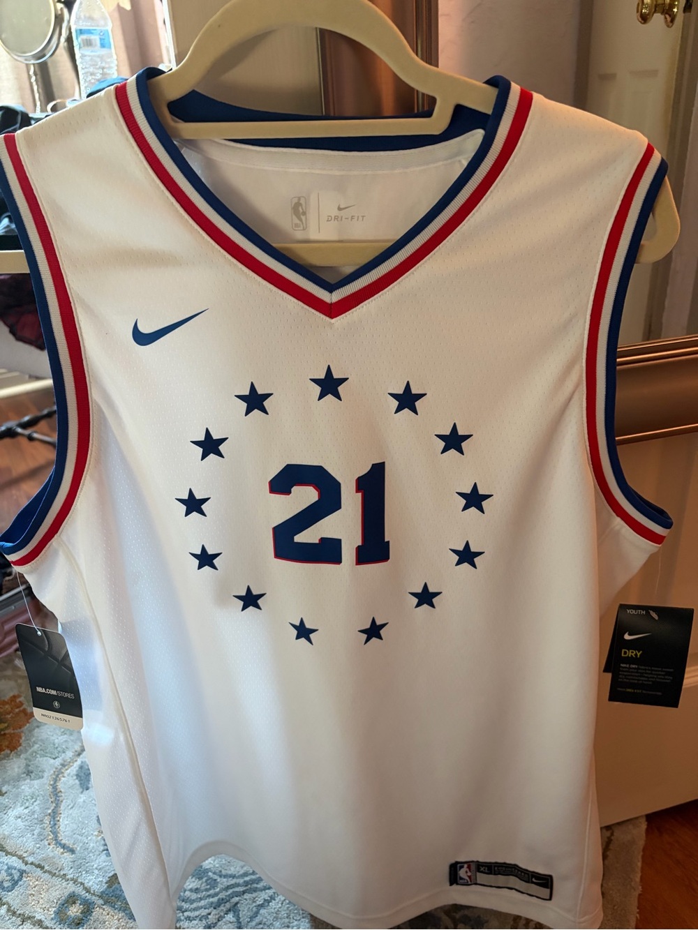 Nike Sixers White Men’s Basketball jersey with Navy Stars